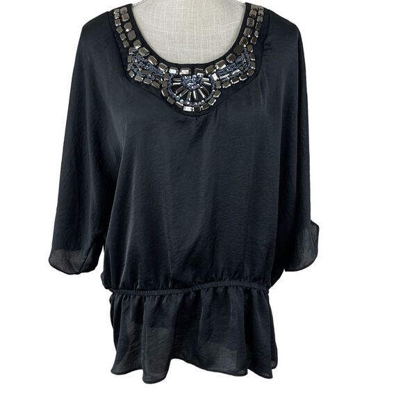 Elementz Tops - Elementz Blouse Womens 3X Black Embellished Neckline Cold Shoulder Peplum Chic